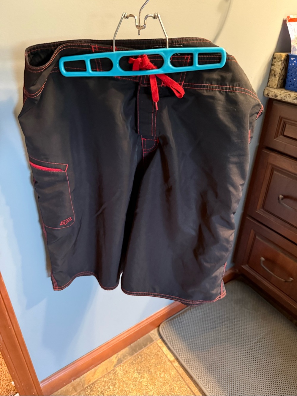 Men's vintage FOX size 36 Black Board Shorts with Red Trim and Drawstring